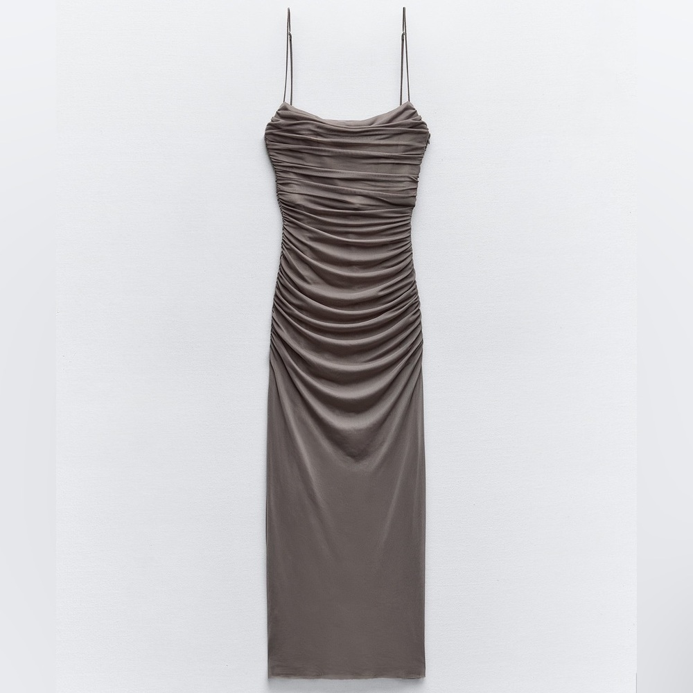 Zara NWT Tulle draped midi ruched spaghetti strap corset dress - Picture 7 of 8